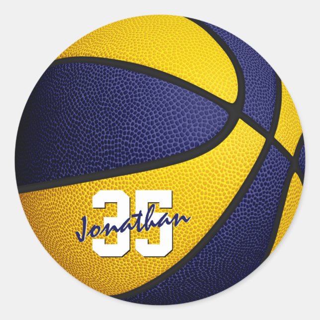 blue gold team colours boys girls basketball classic round sticker (Front)