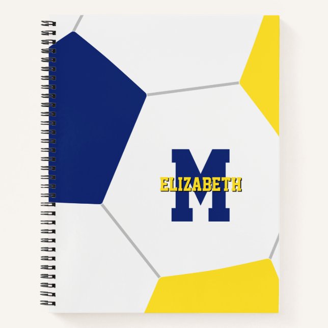 blue gold team colours monogrammed soccer notebook (Front)