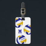 blue gold team colours monogrammed volleyball bag luggage tag<br><div class="desc">This volleyball luggage bag tag is simply designed with three randomly arranged volleyballs that have blue,  gold and white panels - personalise with player name and monogram on the front,  address information on the back - by katz_d_zynes</div>