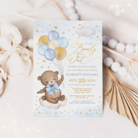 Blue Gold Teddy Bear Balloons Boy Baby Shower Invi