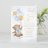 Blue Gold Teddy Bear Balloons Boy Baby Shower Invi Invitation (Standing Front)