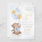 Blue Gold Teddy Bear Balloons Boy Baby Shower Invi Invitation (Front)