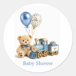 Blue Gold Teddy Bear Train Boy Baby Shower Classic Round Sticker