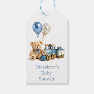 Blue Gold Teddy Bear Train Boy Baby Shower Gift Tags