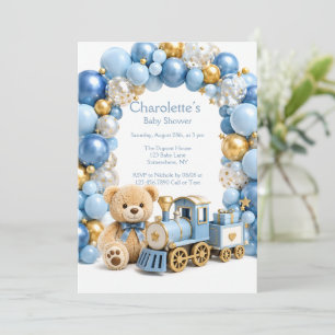 Blue Gold Teddy Bear Train Boy Baby Shower Invitation
