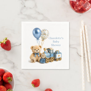 Blue Gold Teddy Bear Train Boy Baby Shower Napkin