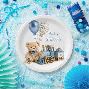 Blue Gold Teddy Bear Train Boy Baby Shower Paper Plate