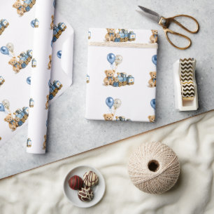 Blue Gold Teddy Bear Train Boy Baby Shower Wrapping Paper