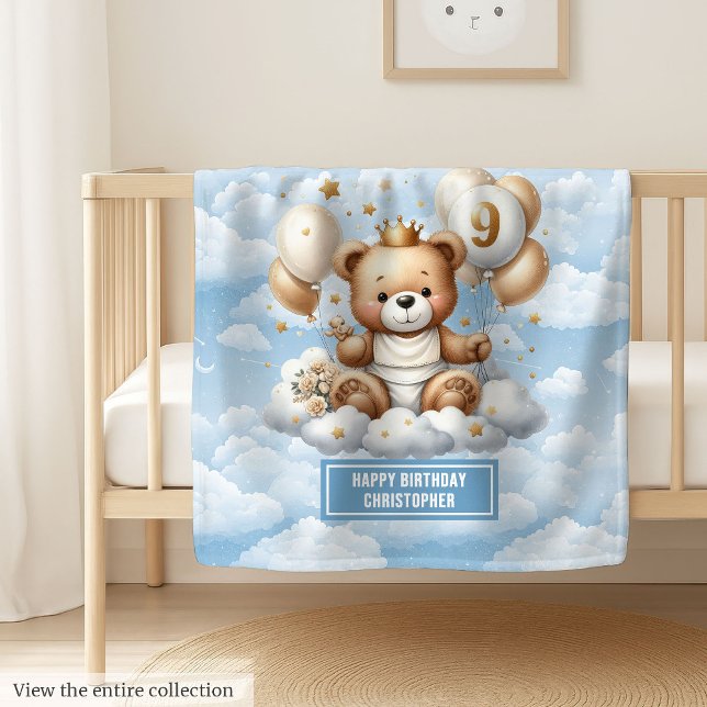 Blue gold teddy blanket personalised 9th birthday (Blue gold teddy blanket personalized 9th birthday)