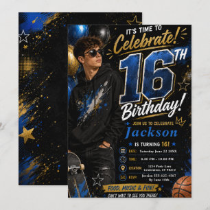 Blue Gold Teen Birthday Party Invitation