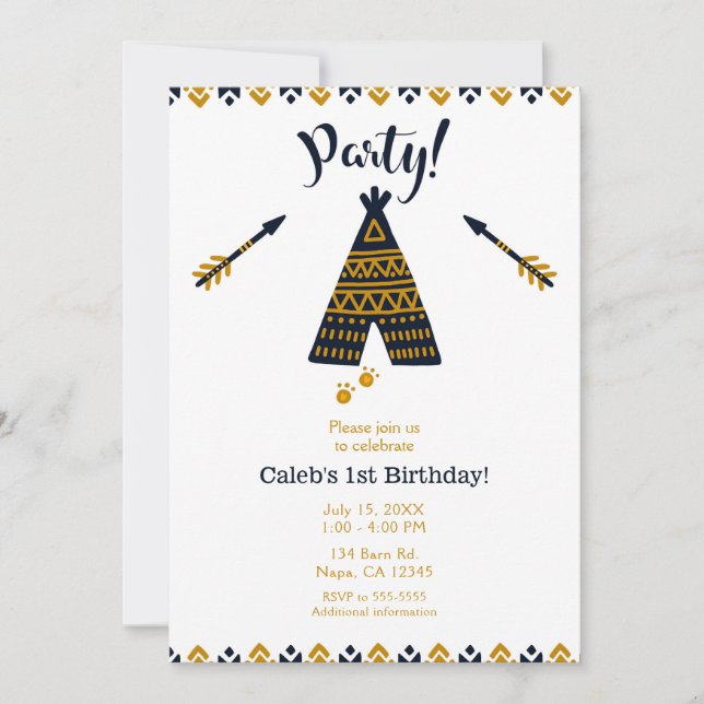 Blue & Gold Tepee Boho Modern Birthday Party Invitation (Front)