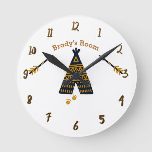 Blue & Gold Tepee Boho Rustic Personalised Name Round Clock