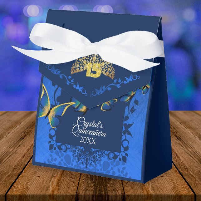 Blue, Gold Tiara Butterfly Quinceanera Favour Box (royal blue quinceanera gift bag party favor personalized gift box blue gold butterfliy)