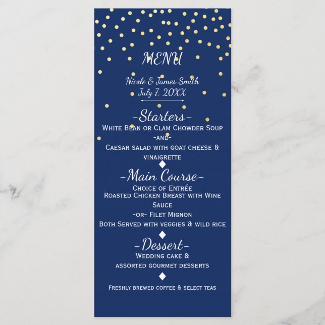 Blue & Gold Tiny Confetti Wedding Menu Card (Front)