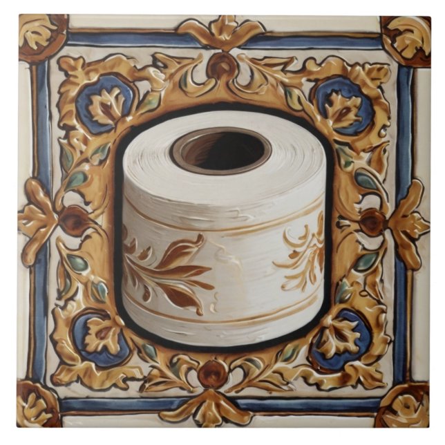 Blue Gold Toilet Paper Roll Funny Bathroom Ceramic Tile (Front)