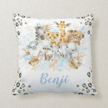 Blue Gold Tropical Jungle Safari Animals Nursery Cushion<br><div class="desc">Safari themed throw pillow featuring tropical blue and gold watercolor leaves and a group of cute jungle animals</div>