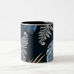 Blue Gold Tropical Palm Leaves Pattern Art Two-Tone Coffee Mug