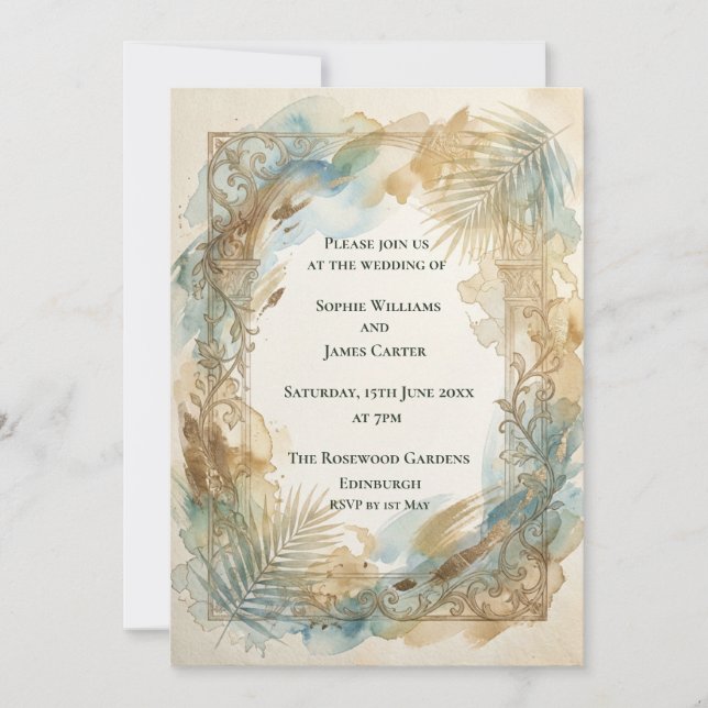 Blue Gold Tropical Wedding Invitation (Front)