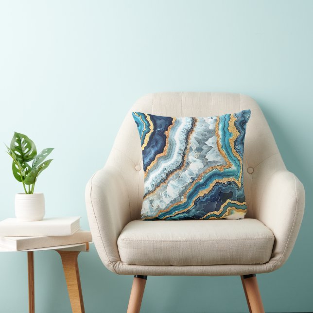 Blue Gold Turquoise White Elegant Geode Cushion (Chair)