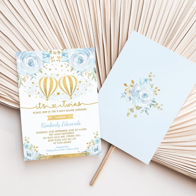 Blue Gold Twin Boys Hot Air Balloon Baby Shower Invitation (Creator Uploaded)