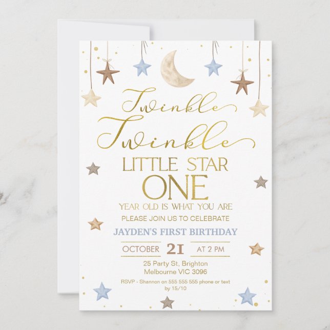 Blue Gold Twinkle Little Star Photo Birthday Invitation (Front)