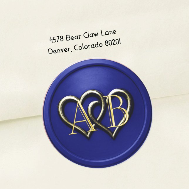 Blue Gold Two Hearts Gold Monogram Classic Round Sticker (Creator Uploaded)