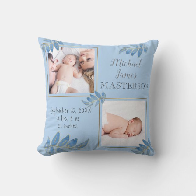 Blue Gold Two Photo Baby Boy Birth Stats Cushion (Front)
