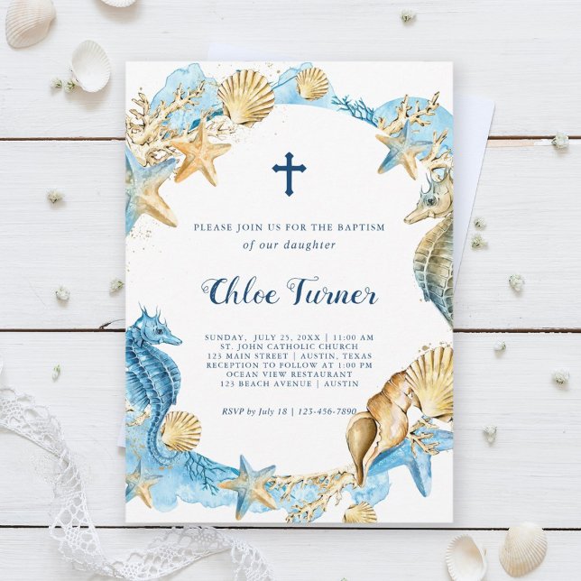 Blue & Gold Under the Sea Baptism Invitation (Creator Uploaded)