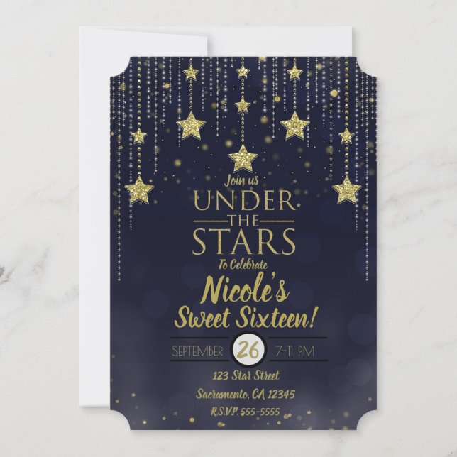 Blue & Gold Under The Stars Starry Sweet 16 Invitation (Front)