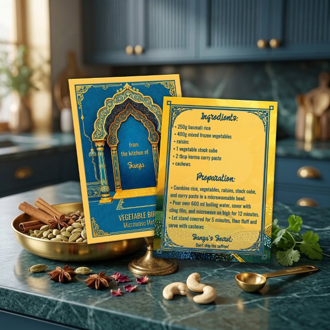 Blue Gold Vegetable Biryani Indian Recipe Card (Recipe postcard in traditional Indian style featuring an arch in ornate blue and gold)