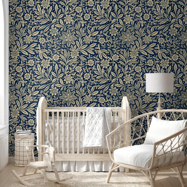 Blue & Gold Vintage Floral Pattern Wallpaper (Kids)
