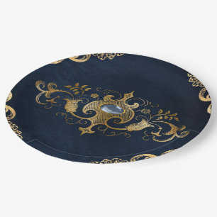 Blue gold Vintage Ornate Gold Paper Plate