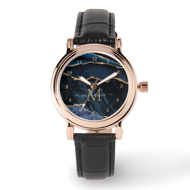 Blue Gold Watch Personalised Your Name and Letter (Front)