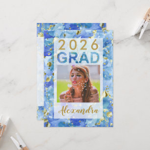 Blue Gold Watercolor Art 2025 Photo Graduation Invitation