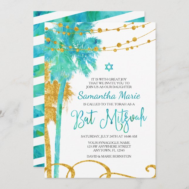 Blue Gold Watercolor Beach Bat Mitzvah Invitations (Front/Back)
