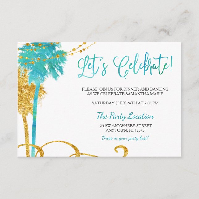 Blue Gold Watercolor Beach Bat Mitzvah Reception Enclosure Card (Front)