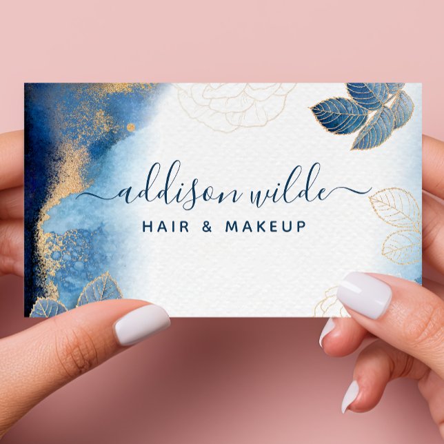 Blue Gold Watercolor Botanical Leaves Abstract Business Card (Creator Uploaded)