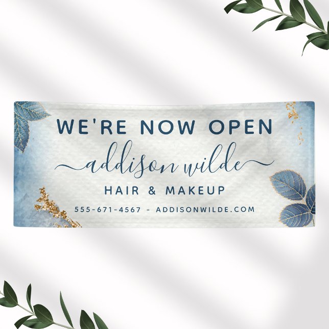 Blue Gold Watercolor Botanical Leaves Business Banner (Creator Uploaded)