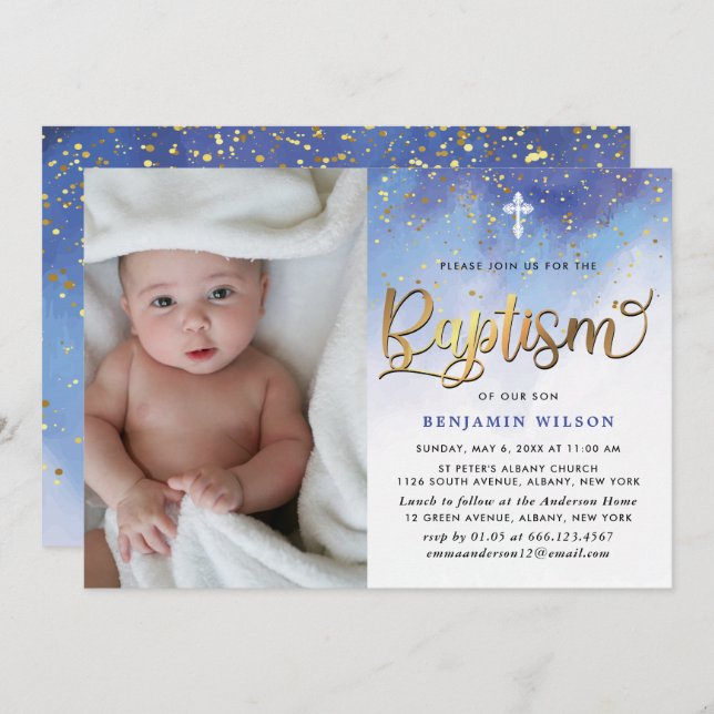 Blue & Gold Watercolor Boy Baptism Invitation (Front/Back)