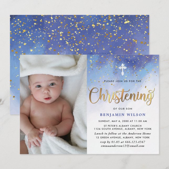 Blue & Gold Watercolor Boy Christening Invitation (Front/Back)