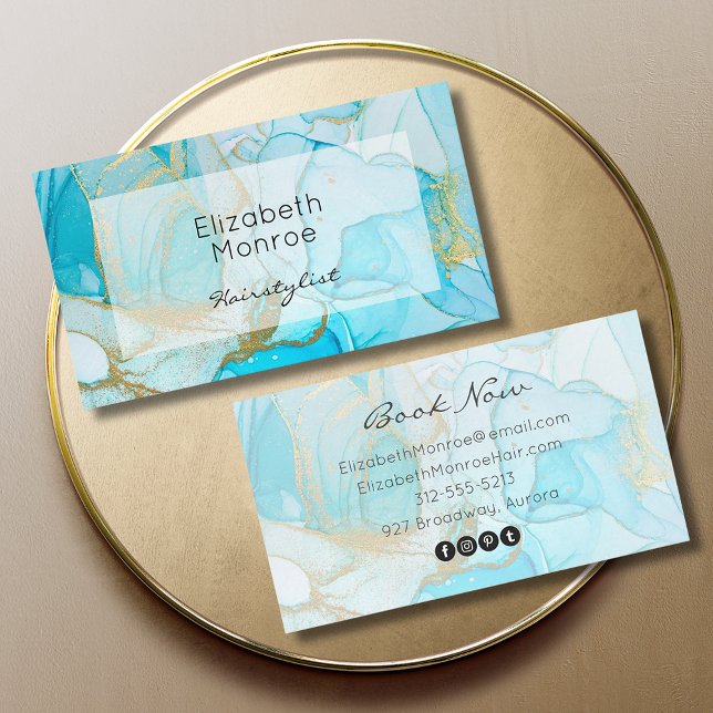 Blue Gold Watercolor Design Business Card (Creator Uploaded)