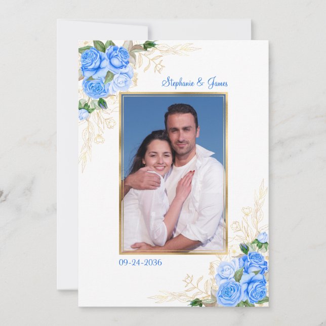 Blue Gold Watercolor Floral Photo Wedding Invitation (Front)