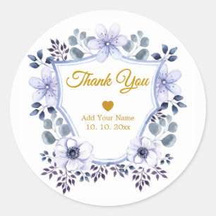 Blue & Gold Watercolor Floral Wedding Thank You Classic Round Sticker