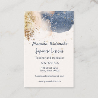 Blue & gold watercolor Japanese language Tutor Business Card
