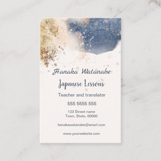 Blue & gold watercolor Japanese language Tutor Business Card (Front)