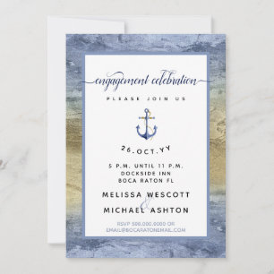 Blue Gold Watercolor #Nautical Engagement Party Invitation