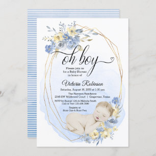 Blue Gold Watercolor Oh Boy Baby Shower Invitation