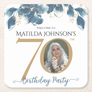 Blue Gold Watercolor Photo Floral 70th Birthday Square Paper Coaster