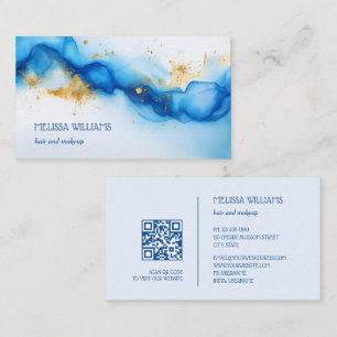 Blue Gold Watercolor   QR Code Business Card