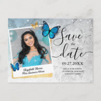 Blue Gold Watercolor Quince Photo Save the Date